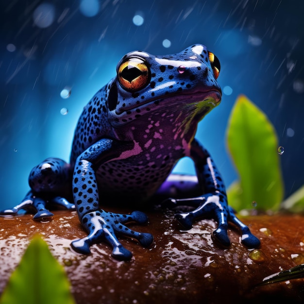 Photo a blue frog on a log in the rain