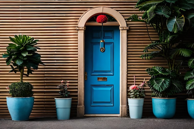 blue front door with flowers and a blue door.