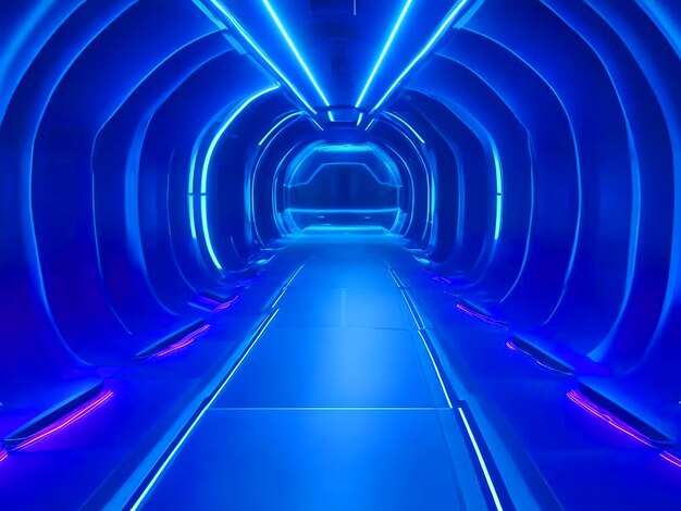 Foto un tunnel a forma di cuore a neon blu futuristico che vola in un corridoio astratto con linee di luce in rapido movimento