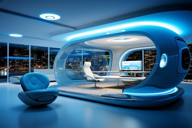 blue futuristic room with hightech gadgets and sleek furniture