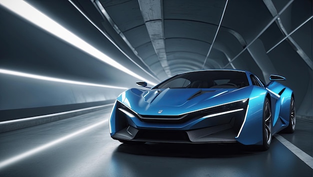 Blue Futuristic Supercar in Tunnel