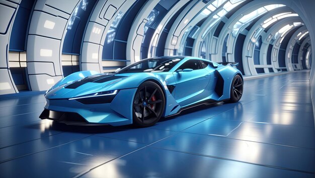 Blue Futuristic Supercar in Tunnel