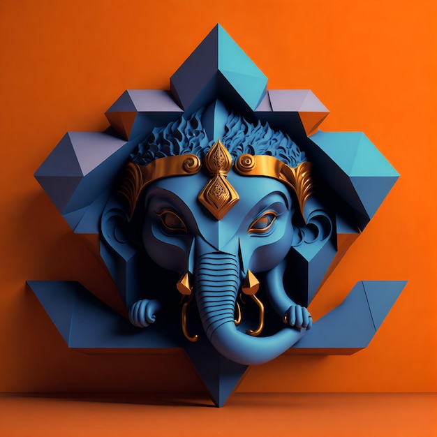 A blue Ganesha with a gold head is surrounded by a hole in the wall