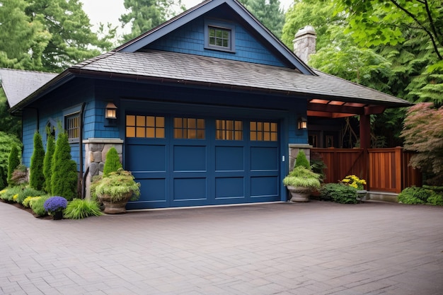 Blue garage door with a driveway in front