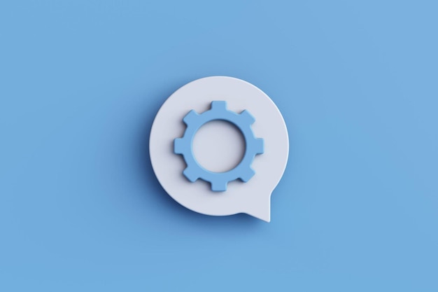 Blue gear setting icon symbol or technology industry machine cog option sign with speech bubble