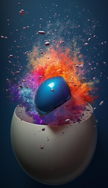 A blue gem is in an egg with a colorful explosion in the background.