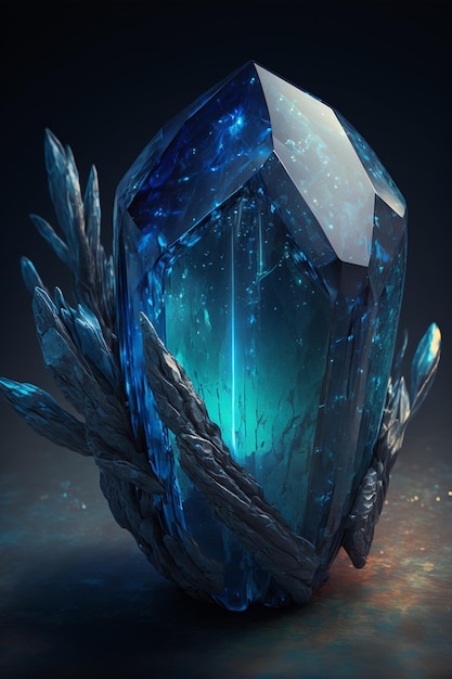 A blue gem sits on a dark background.