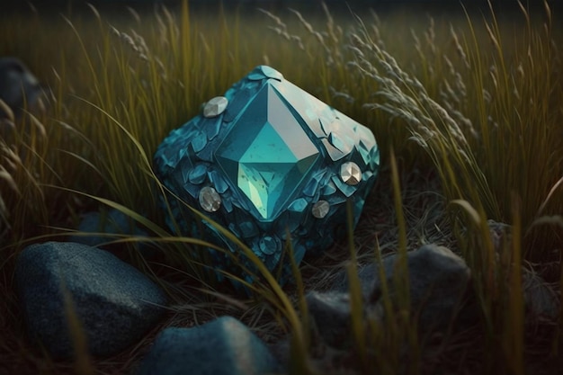 A blue gem sits in the grass in front of some rocks.