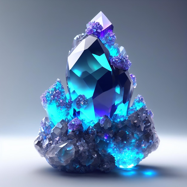 Синий драгоценный камень сидит на белом фоне с фиолетовыми кристаллами 3D фоторендеринга кристалла