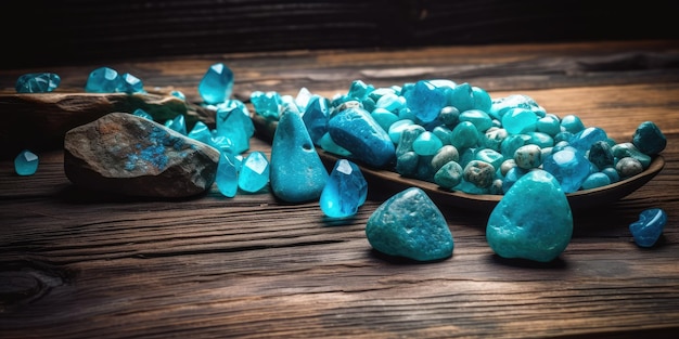 Синие драгоценные камни на деревенском деревянном столе