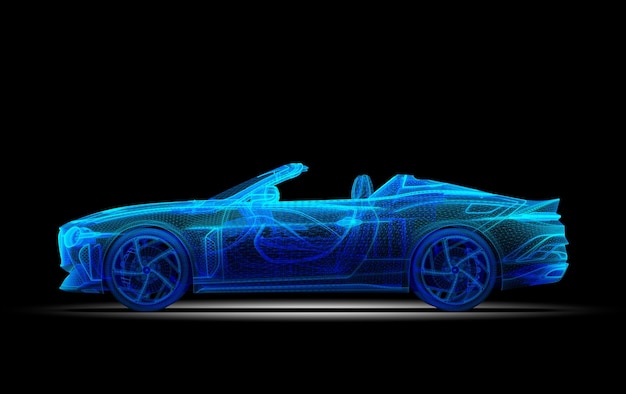 Blue generic unbranded wireframe sport car in the dark