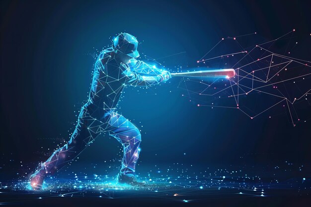 Over a blue geometric backdrop a low poly wireframe tandem format style art depicts a man youth player colliding with a baseball and space Generative AI