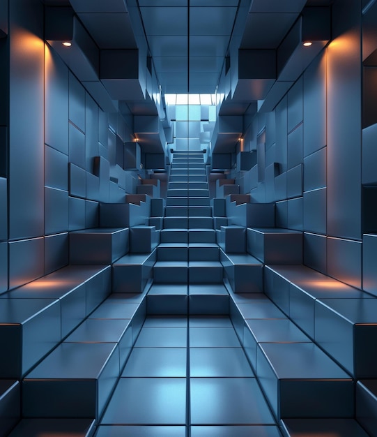 Photo blue geometric shapes form a corridor with stairs going up