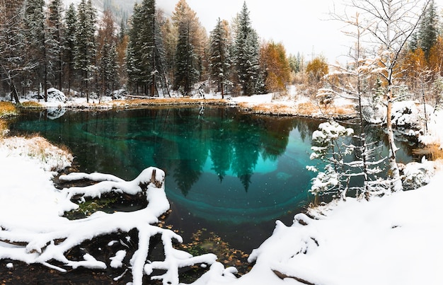 Blue geyser lake in autumn forest during snowfall Altai Siberia Russia