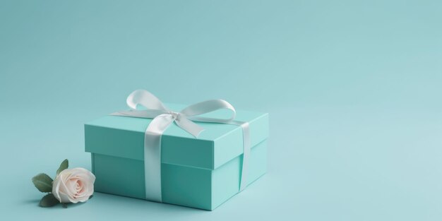 Blue gift box on a blue background Elegant birthday Present Box with white silk ribbon bow