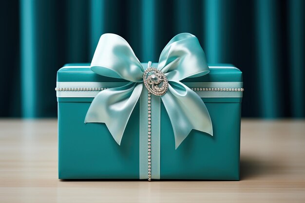 사진 나무 테이블 위 에 있는 파란색 선물 상자 약혼 결혼 제안