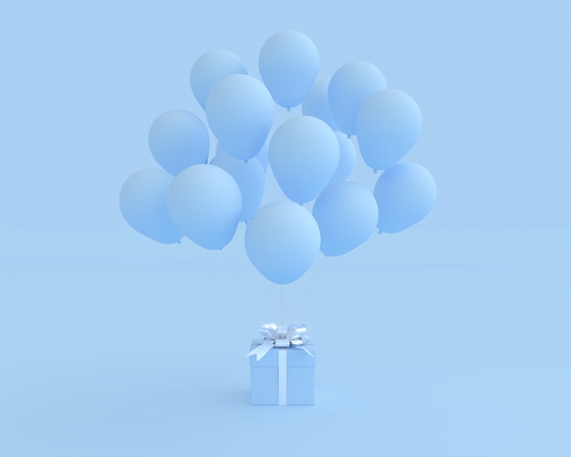 Contenitore di regalo blu con palloncino su sfondo blu