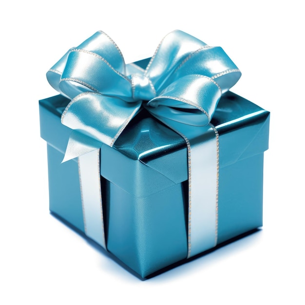 Синяя подарочная коробка с бантом на белом фоне.