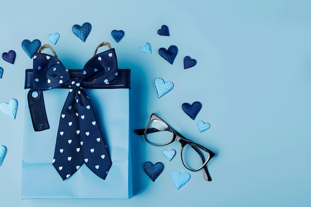 Blue gift box with bow tie and ribbon on blue background top view