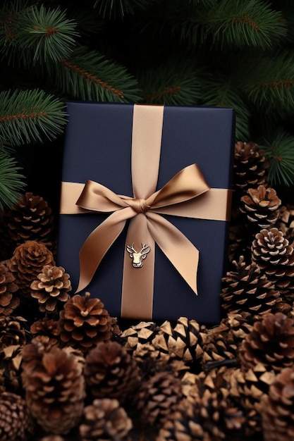 a blue gift box with a gold bow and pine cones