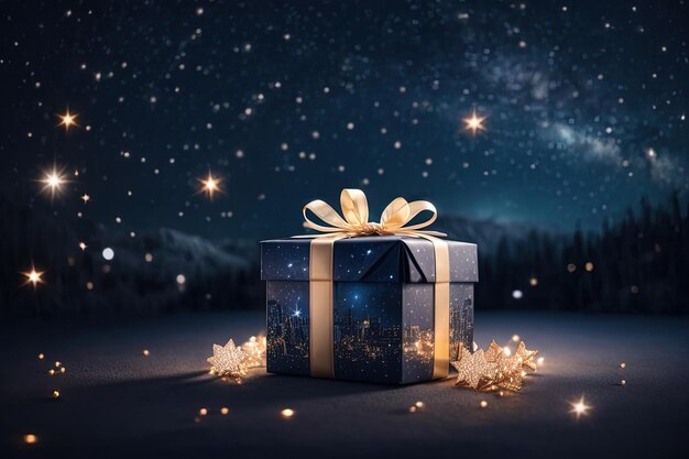 A blue gift box with a gold bow and a starlight