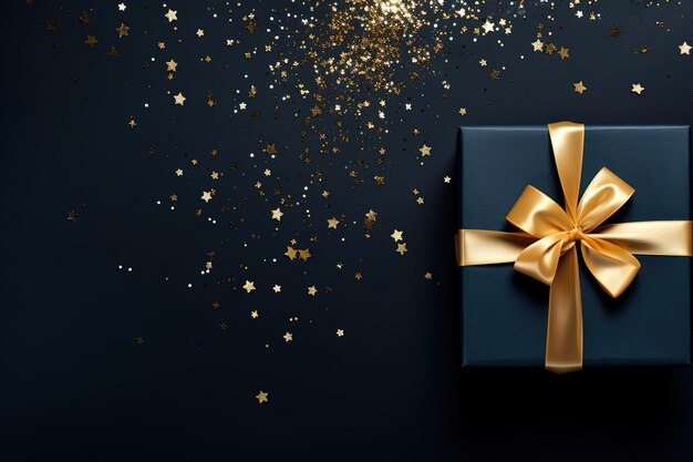 A blue gift box with a gold bow
