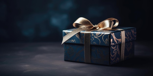 Blue gift box with a gold ribbon and a gold bow on a dark background copy space Elegant Present box