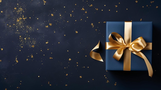 a blue gift box with gold ribbon and a gold bowTop view of dark blue gift box on dark background V