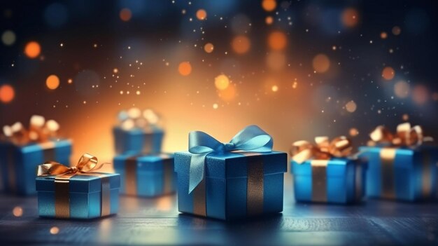 Foto scatola regalo blu con nastro d'oro e sfondo scintillante d'amore
