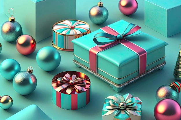 빨간색 활이 있는 파란색 선물 상자는 크리스마스 장식품으로 둘러싸여 있습니다.