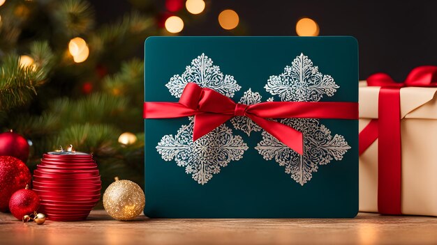 Photo a blue gift box with a red bow on it and a red ribbon