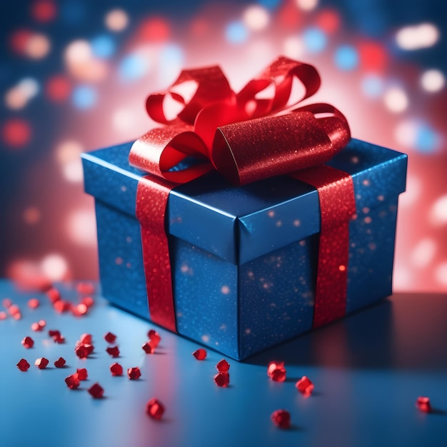 빨간색 리본 휴일 또는 생일 컨셉이 있는 파란색 선물 상자(복사 공간 포함)