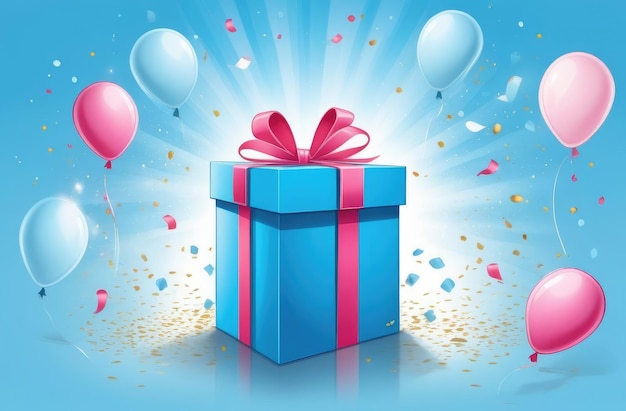 파란색 선물 상자 에 빨간색 리본 과 분홍색 활 이 있다