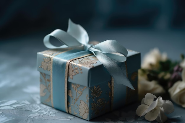 Синяя подарочная коробка с перевязанной лентой и букет цветов на столе.