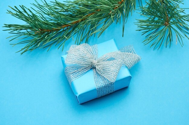 Blue gift box with silver bow and green pine tree branch