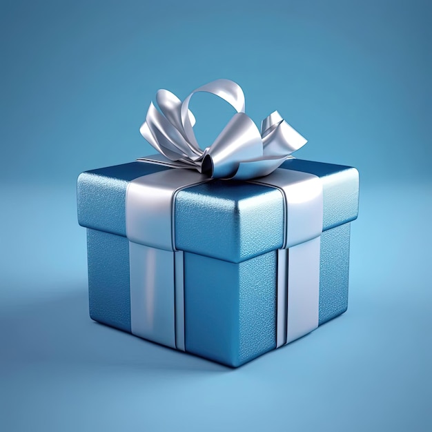 A blue gift box with a silver bow in the style of pure color