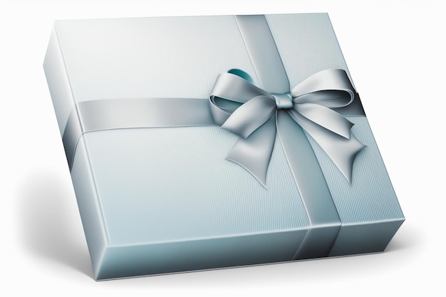 A blue gift box with a silver ribbon and a silver bow.