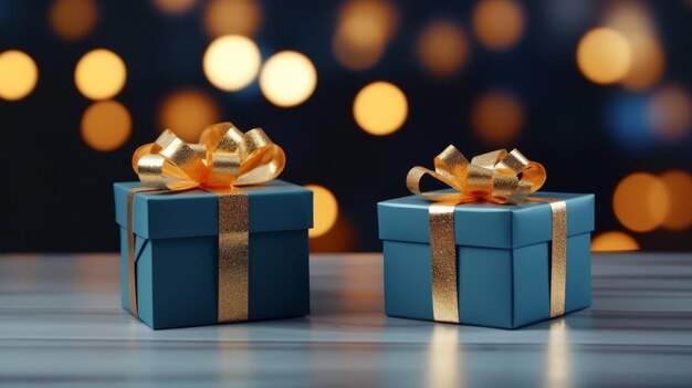 Blue gift box wrapped in paper on festive background with golden particles