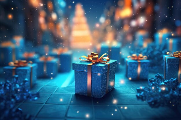 Blue gift boxes on a street decorated with Christmas lights Generative AI