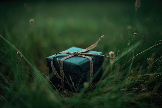 A blue gift wrapped in a rope tied with a string tied around it.