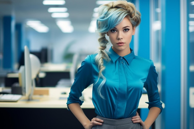 A blue girl has a great hairstyle using high quality fashion photography of trendy clothes on an off