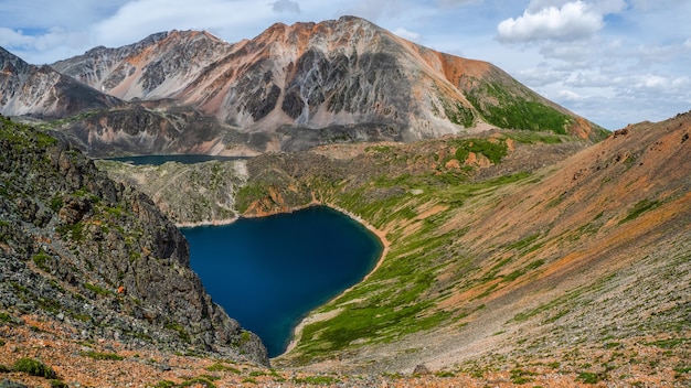 Blue glacial lake high in the mountains. Atmospheric green landscape with a lake in a high-altitude valley. Altai Mountains.