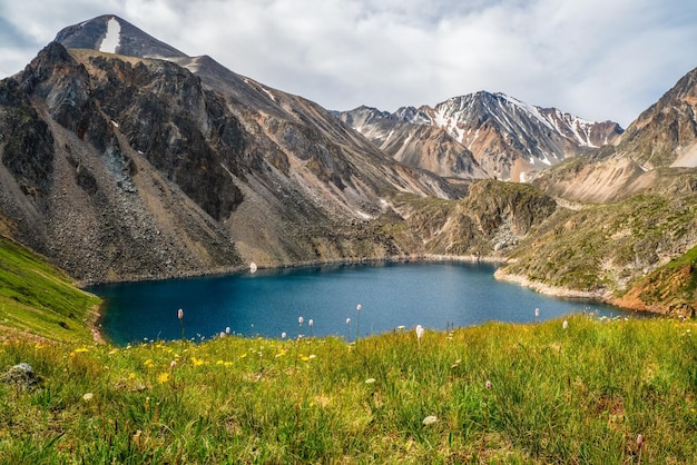 Blue glacial lake high in the mountains Atmospheric green landscape with a lake in a highaltitude valley Altai Mountains