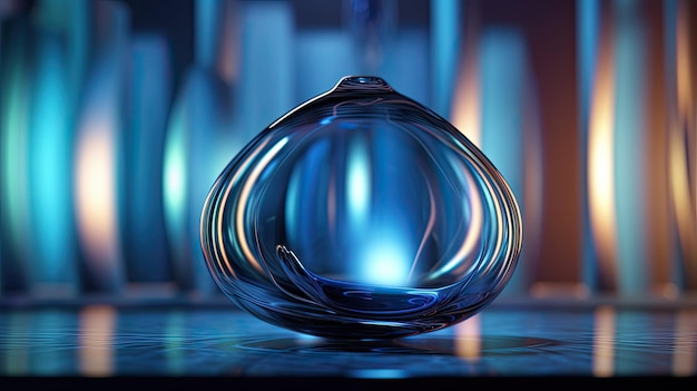 A blue glass ball sits on a table in front of a blue background.