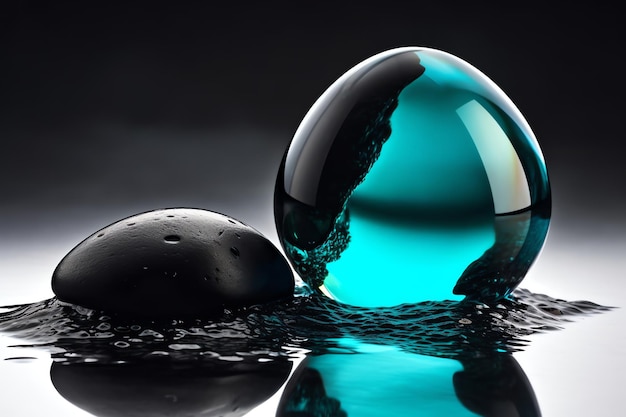 A blue glass ball with water drops on it