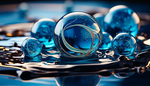 Blue Glass Balls Floating on Water