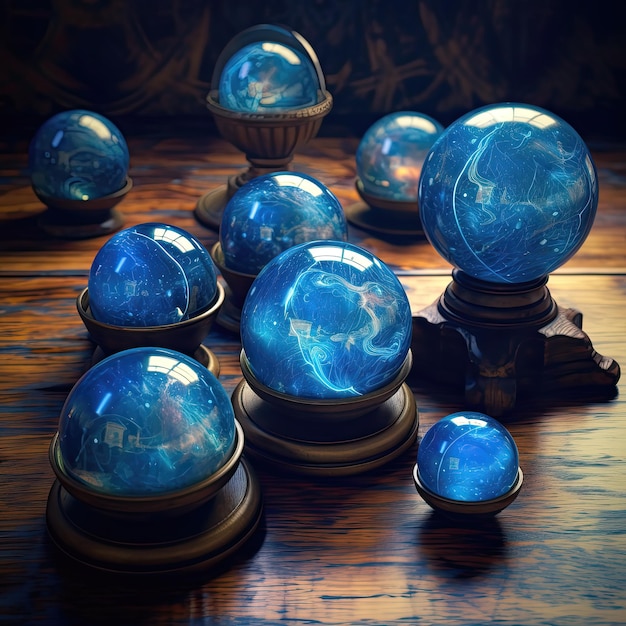 Blue glass balls on wooden background Generative AI