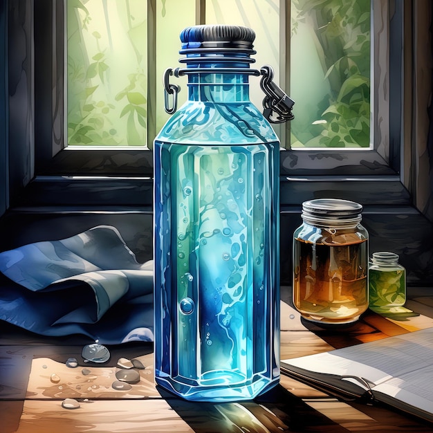 蓋と本を持つ青いガラスのボトル