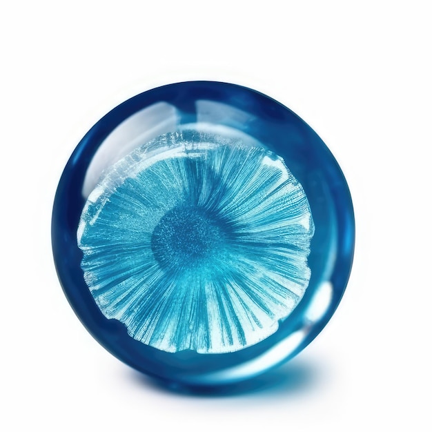 A blue glass bowl with a blue flower inside.