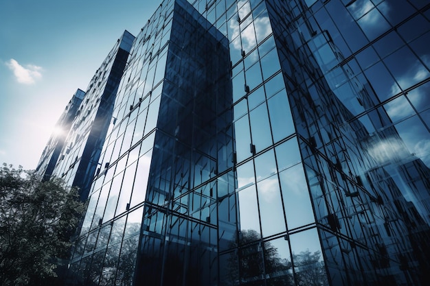 A blue glass building with a blue sky behind it